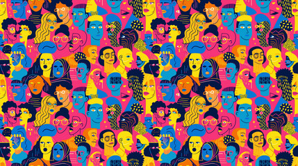 Colorful diverse people crowd abstract art seamless pattern. Multi-ethnic community, big cultural diversity group background illustration.