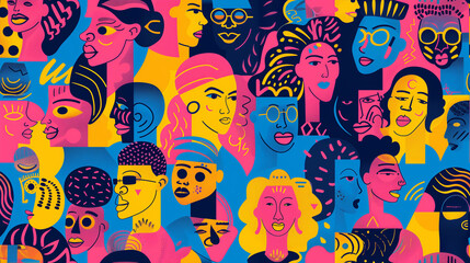 Colorful diverse people crowd abstract art seamless pattern. Multi-ethnic community, big cultural diversity group background illustration.
