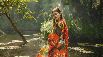 A woman dressed in a traditional kimono stands gracefully in the flowing stream