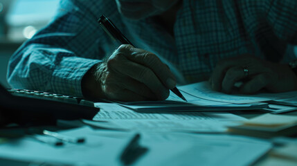 A man is sitting at a desk, writing information on a piece of paper in a focused manner - obrazy, fototapety, plakaty