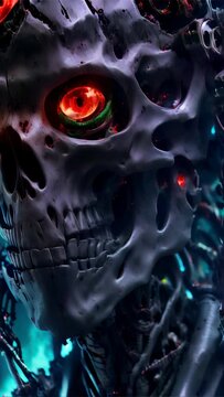 A vivid image of a cybernetic skull with deep red glowing eyes, perfect for futuristic or sci-fi themed visual projects and stock.