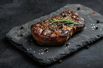 a piece of steak on a black stone plate - obrazy, fototapety, plakaty