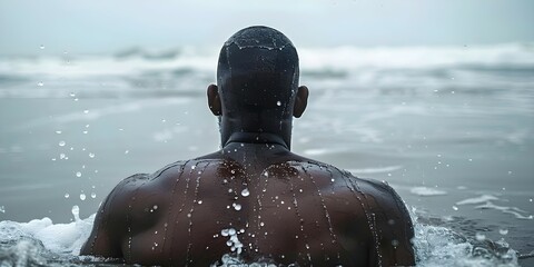 Traumatized African American man struggles with fear of water after near-drowning incident. Concept Mental Health, Trauma Recovery, Water Phobia, Therapy Techniques, Coping Strategies - obrazy, fototapety, plakaty