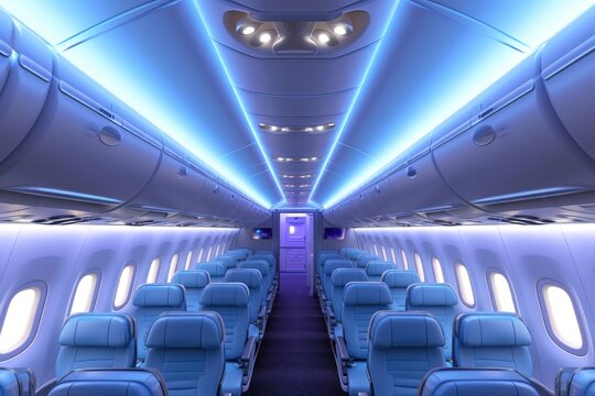 Internal empty salon view of a passenger civil aircraft full with light and illumination