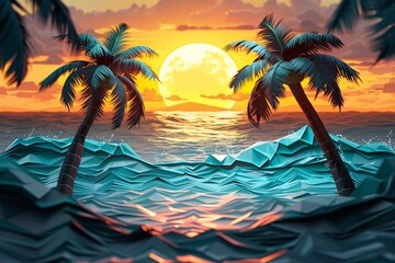 a sunset over a beach with palm trees - obrazy, fototapety, plakaty