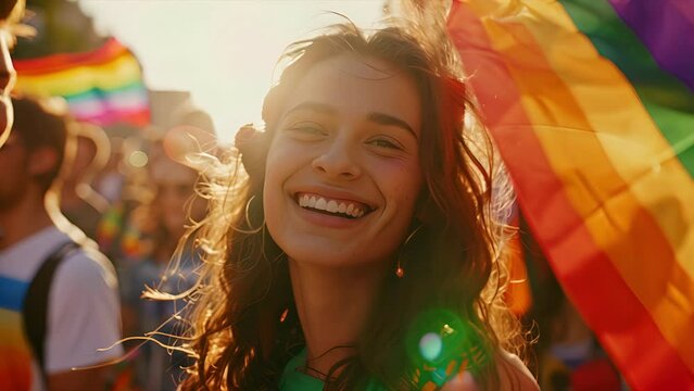 Close up of woman celebrating at a gay pride event while surrounded by rainbow flags