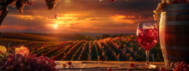 Glass of fresh chilled ice red or rose wine with grapes, bottle and barrel on a sunny background. Italy vineyard on sunset. Drink for party, wine shop or wine tasting concept with copy