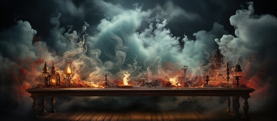 Wooden table and a burning candle on a dark background with smoke