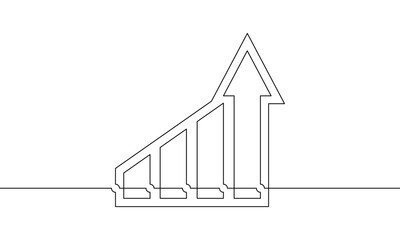 Continuous line drawing of graph icon. Flat icon of arrow up. Bar chart sign symbol. Increasing arrow, illustration vector of business growth. Object one line. Single line art