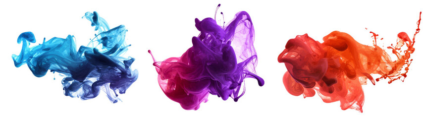 Three separate vivid splashes of blue, purple, and red paint captured in dynamic movement, giving a life to vibrant colors