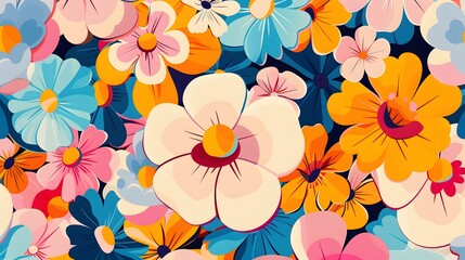 Retro vibes bloom in this HD-captured vintage 70s style floral artwork, embodying a groovy and colorful pastel nostalgia. Seamless vector background.  - obrazy, fototapety, plakaty