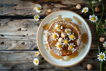 artisanal buckwheat pancake with honey, almonds, and chamomile flowers on rustic ceramic plate
