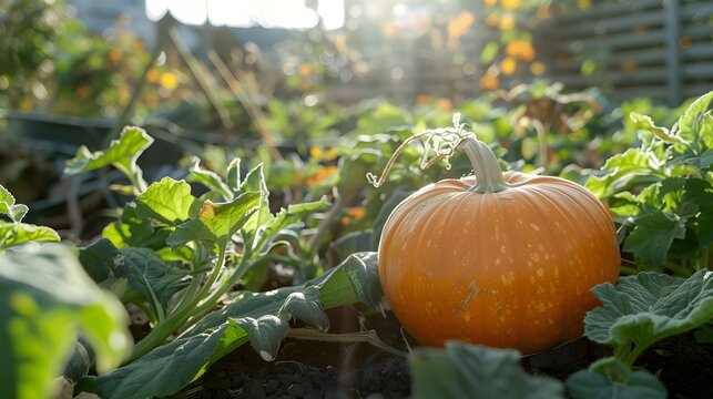 Autumn harvest in the garden: pumpkin fruits and colorful flowers plants