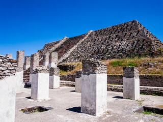 Stunning view of the ruins of Quetzalcoatl pyramid and the Burnt Palace in Tula archeological site, Mexico - 765216007