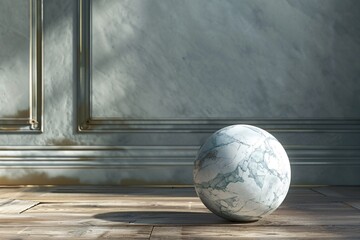 a white marble ball on a wood floor