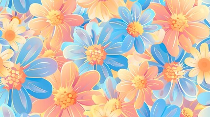 Fototapeta na wymiar Retro vibes bloom in this HD-captured vintage 70s style floral artwork, embodying a groovy and colorful pastel nostalgia. Seamless vector background. 