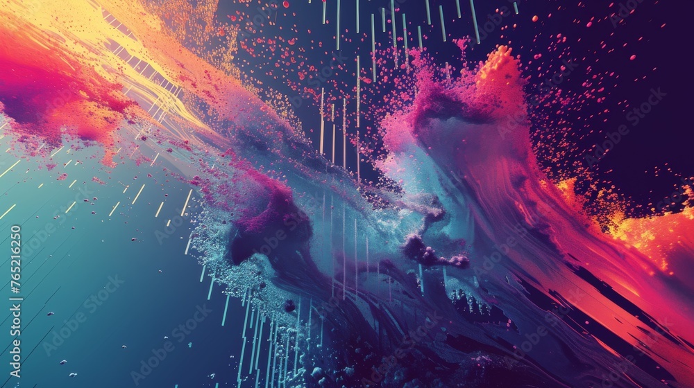 Aufkleber abstract digital art depicting a vibrant cosmic collision with dynamic streaks and explosive colors.