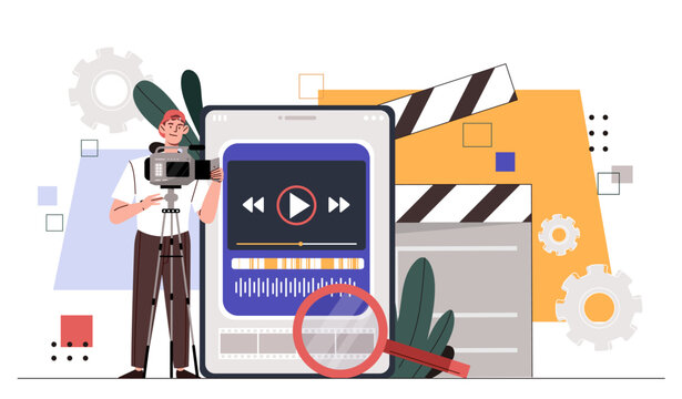 Video editor studio concept. Woman sitting near clapperboard. Movie and series production, film industry. Application and program, software. Poster or banner. Cartoon flat vector illustration