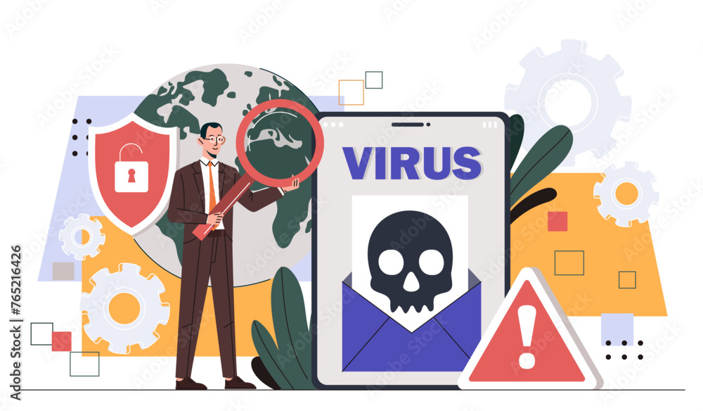 Poster virus hacker attack concept. man in suit with magnifying glass near smartphone screen and planet. pr