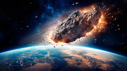 A giant asteroid moving on a collision course with the Earth against the backdrop of an endless starry night sky.