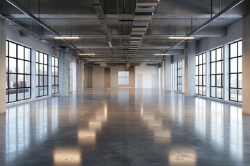 Empty commercial premises with polished concrete floors and ceiling lights.