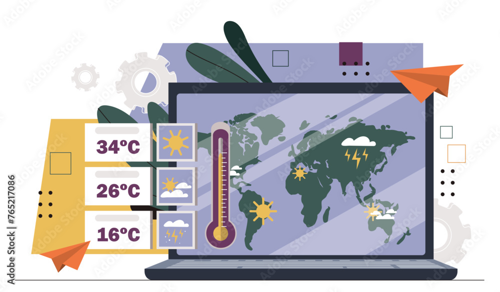 Poster weather forecast concept. temperature and rains predictions at global map. applications and programs