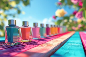 Bottles of nail polish on a colorful wooden table - obrazy, fototapety, plakaty
