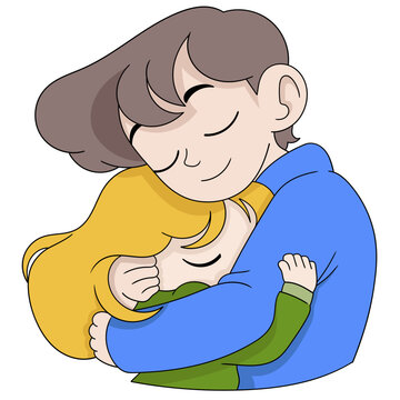 cartoon doodle illustration of falling in love, a couple in love expresses it by hugging each other