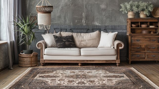 Stylish living room interior sofa, Beautiful rug, sofa and chest of drawers