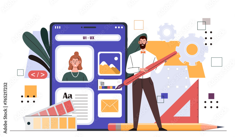 Poster web ui and ux design. graphic designer and freelancer with web elements for webpage or website. earn