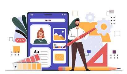 Web ui and ux design. Graphic designer and freelancer with web elements for webpage or website. Earnings online, internet job. Cartoon flat vector illustration isolated on white background