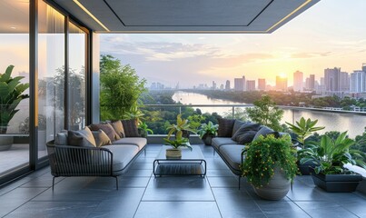 Modern balcony with comfortable chairs at sunset, city skyline background
