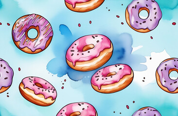 Watercolor pink and lilac sweet donuts with sprinkler on blue background.