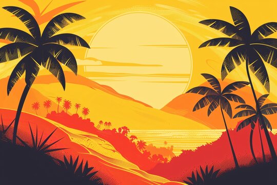 a landscape with palm trees and a sunset
