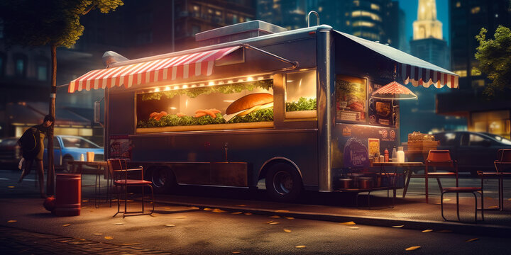Food truck parked on the street at night