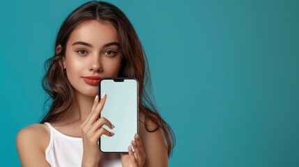 beautiful woman holding a cell phone with white screen on blue background in high resolution and quality - obrazy, fototapety, plakaty