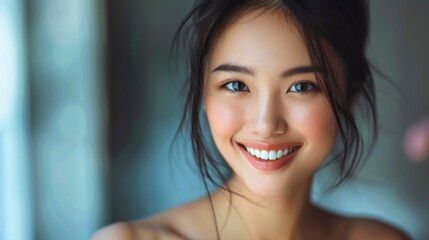 portrait of a beautiful woman with japanese features on light background - obrazy, fototapety, plakaty