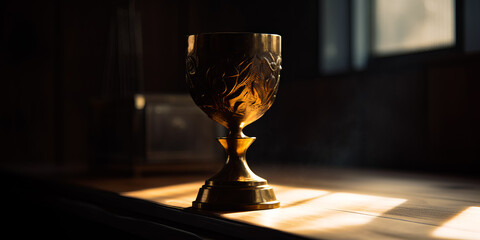 Golden goblet or cup on wooden table and the sun shining through the window - obrazy, fototapety, plakaty