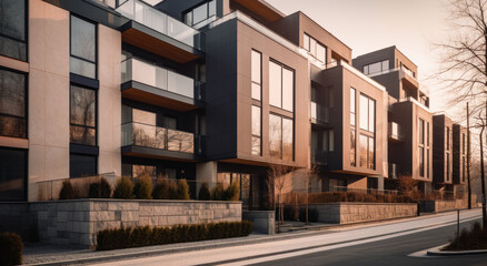 Modern townhouses in the evening