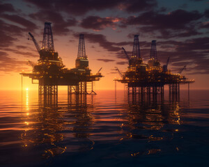 Obraz premium Oil platform on the ocean. Beautiful sunset.