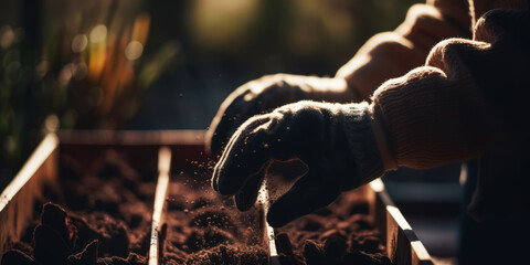 Person plants seeds in garden box. - obrazy, fototapety, plakaty