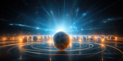 A surreal cosmic event with a radiant sphere emanating powerful energy rings in the vastness of space.