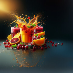 Orange juice interlaced with cramberry juice, big splashes mixing in the air super slowmotion adorned with fruit Illuminate with product lighting high resolution	
