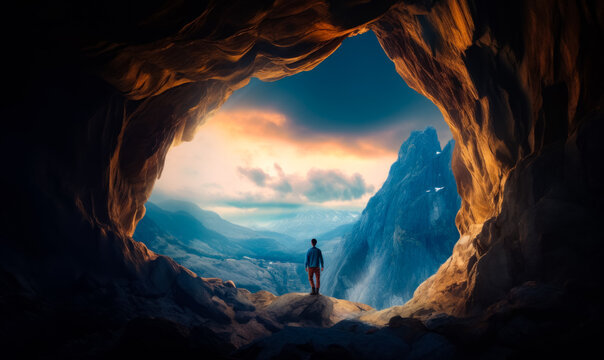 Traveler stands in front of dark cave