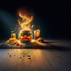 chicken sandwich product shot product light tomatos mayo cheese, muster, fire, dark background, drinks and fries