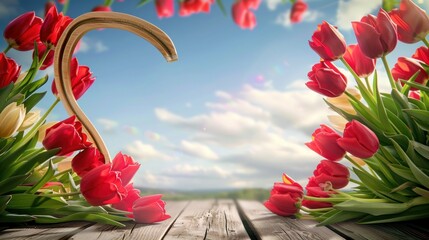 beautiful red tulips on the sky background