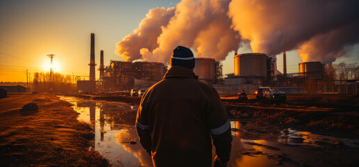 Man is looking at power plant at sunset
