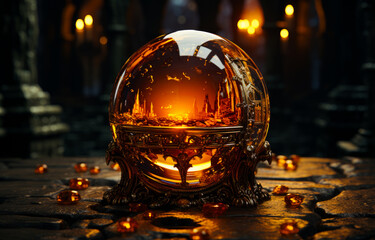 Halloween pumpkin and crystal ball in the magic forest - obrazy, fototapety, plakaty