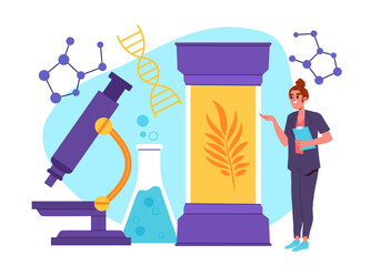 Woman researcher studies plants. Young girl with flasks and microscope. Genetic researches in laboratory. Chemist and scientist. Cartoon flat vector illustration isolated on white background