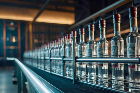 A row of vodka bottles on a conveyor belt at a factory. Efficient modern conveyor for filling vodka into glass bottles on a blurred background